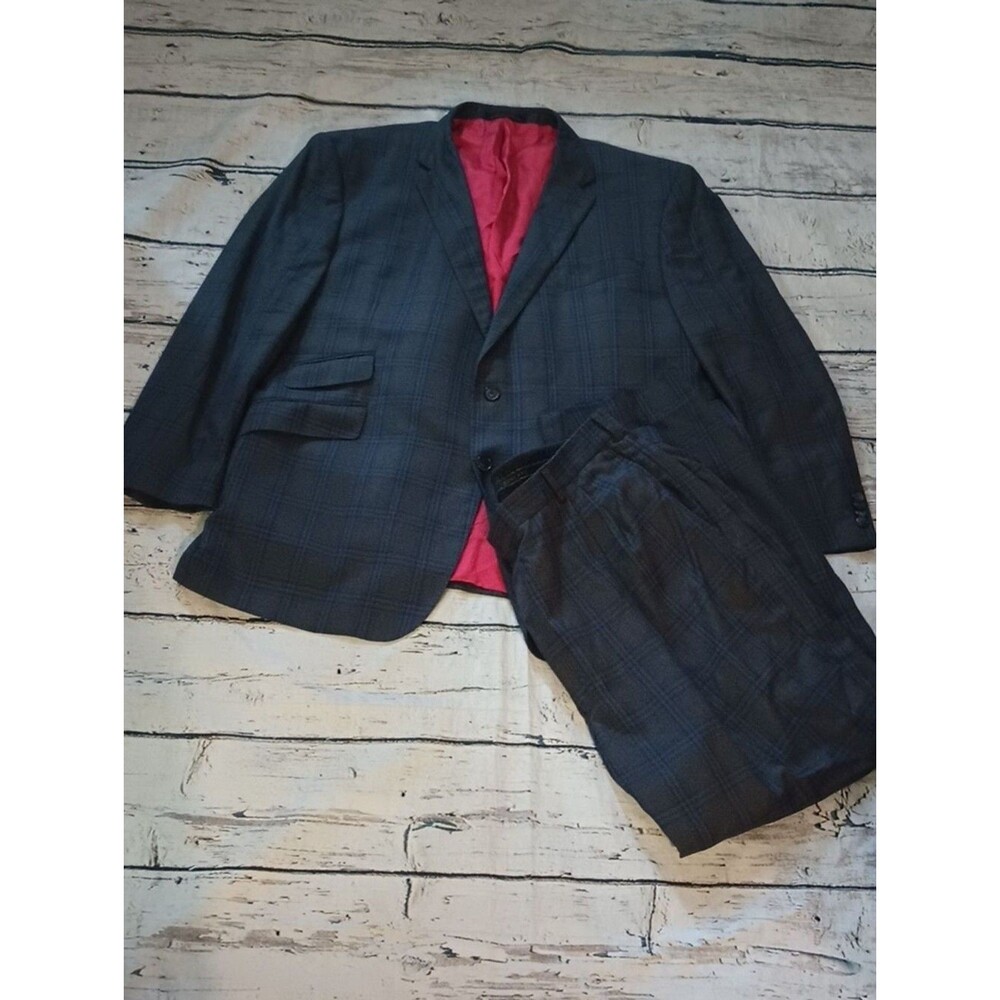 Jos A Bank Reserve Gray Blue Plaid Red Bemberg Lined Wool 130's Suit 54L 42x30